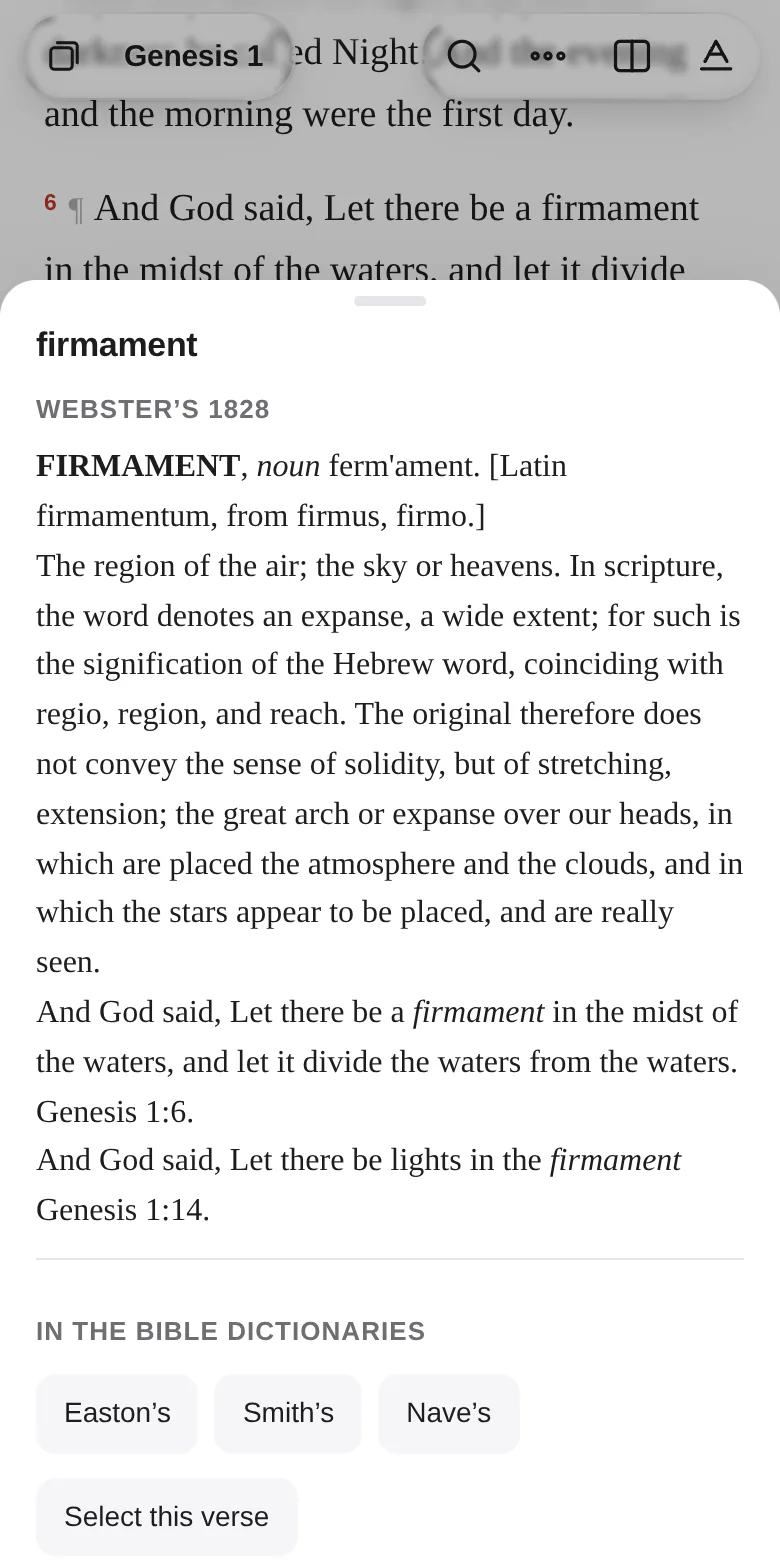 Genesis 1 with the word “firmament” tapped: Webster’s 1828 definition, the verses where the word appears, and buttons for Easton’s, Smith’s and Nave’s.