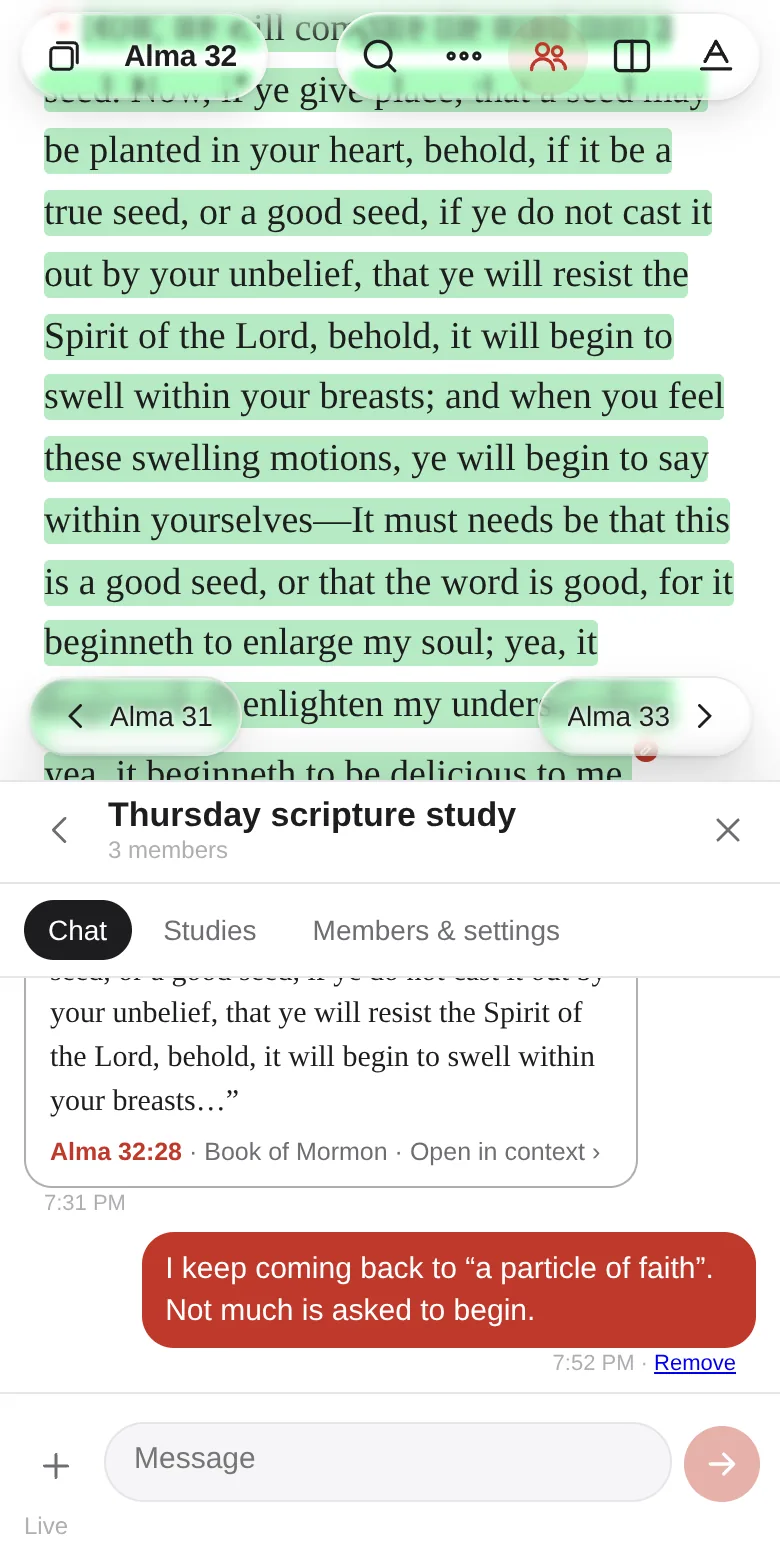 A study group’s chat beside Alma 32: a member has shared Alma 32:28, and a reply asks about “a particle of faith”. The people and messages are an example.