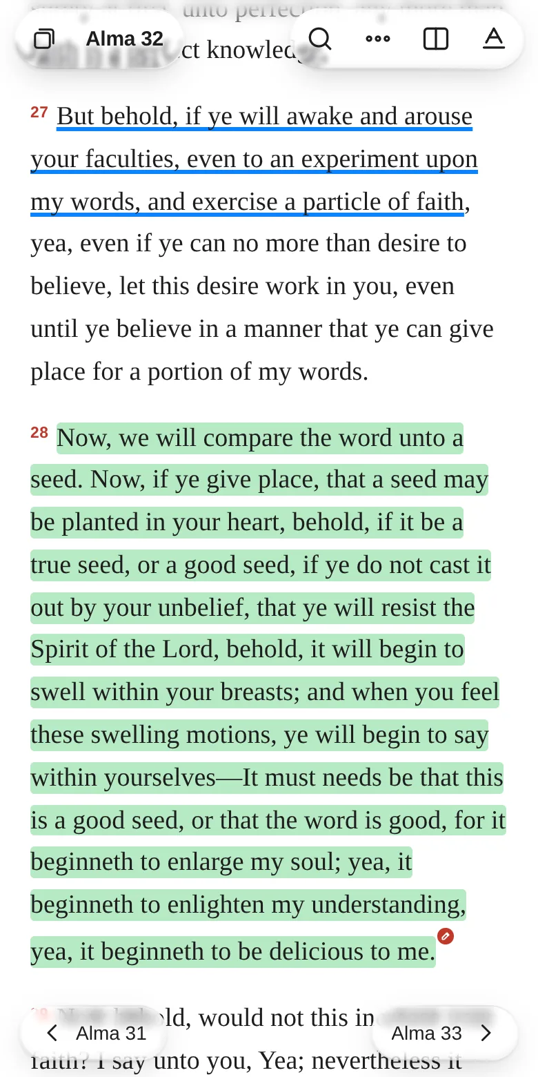 Alma 32: verse 27 underlined in blue and verse 28 highlighted in green, with a small note marker at its end.