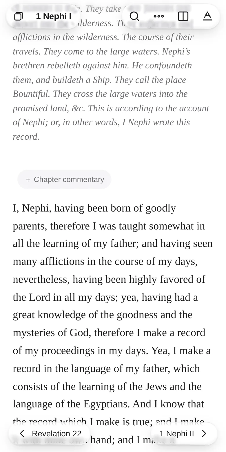 1 Nephi, Chapter I of the 1830 edition, read in its original paragraphs, beginning “I, Nephi, having been born of goodly parents”.