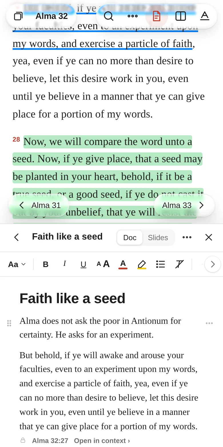 The lesson planner under Alma 32: a lesson titled “Faith like a seed” with a paragraph and the quoted words of Alma 32:27.