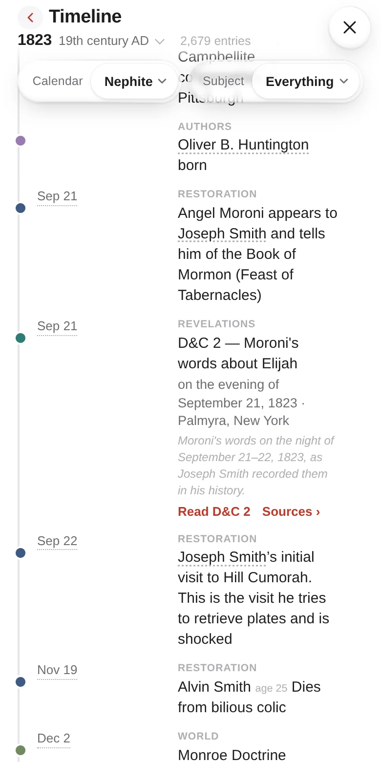 The timeline at 1823: Moroni’s visit to Joseph Smith on September 21, D&C 2, and the first visit to the Hill Cumorah.